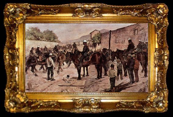 framed  Giovanni Fattori Artilleriecorps zu Pferd auf einer Dorfstrasse, ta009-2